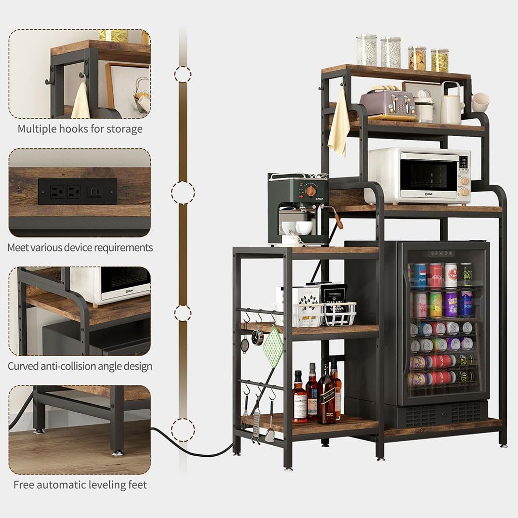 7-Tier Mini Fridge Stand with Power Outlets, Coffee Bar Cabinet with Fridge Space, Microwave Stand and Storage Shelves, Vintage Brown Metal Frame Kitchen Baker's Rack for Home, Dorm & Office