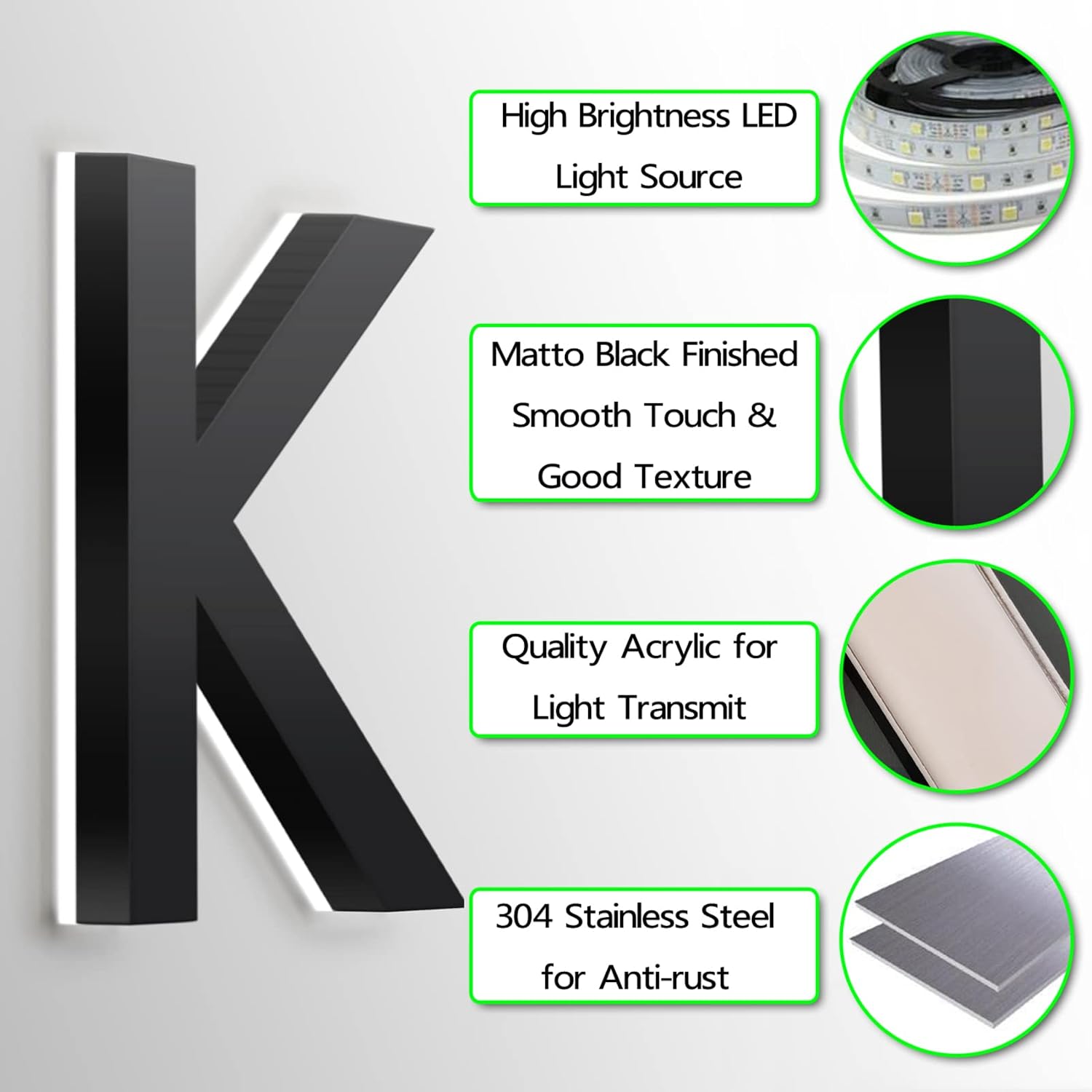 Address Numbers LED, Backlit Floatig LED House Numbers, Black, Stainless Steel Light Up LED House Numbers For Outdoor, Illuminated Address Signs, White Light,20 Inch,3