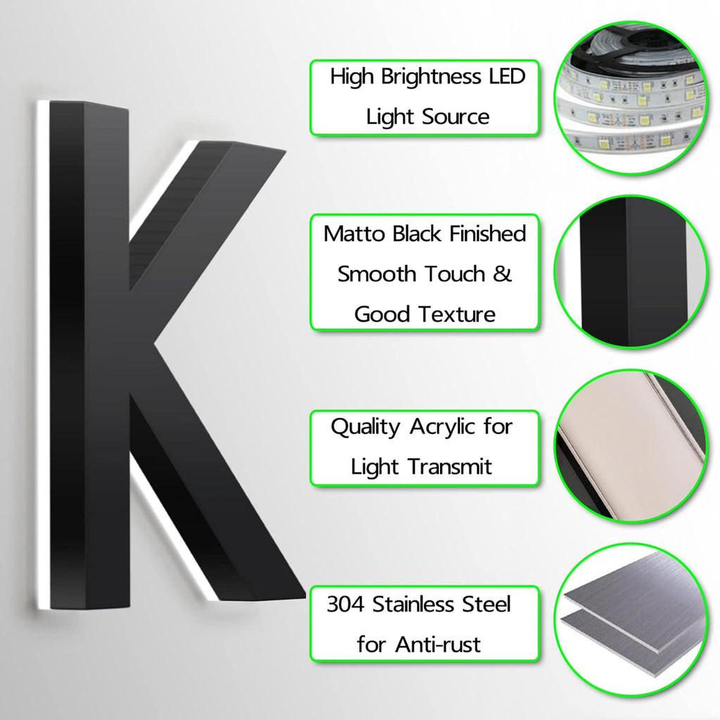 Address Numbers LED, Backlit Floatig LED House Numbers, Black, Stainless Steel Light Up LED House Numbers For Outdoor, Illuminated Address Signs, White Light,18 Inch,O