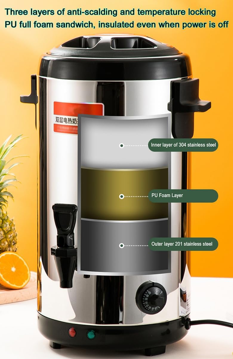 304 Stainless Steel Catering Urn, 8L/12L/16L/18L Hot Water Boiler Dispenser Heat Insulation Preservation Drink Commercial Milk Tea Dispenser Bucket for Cafe, Office, Home,8L