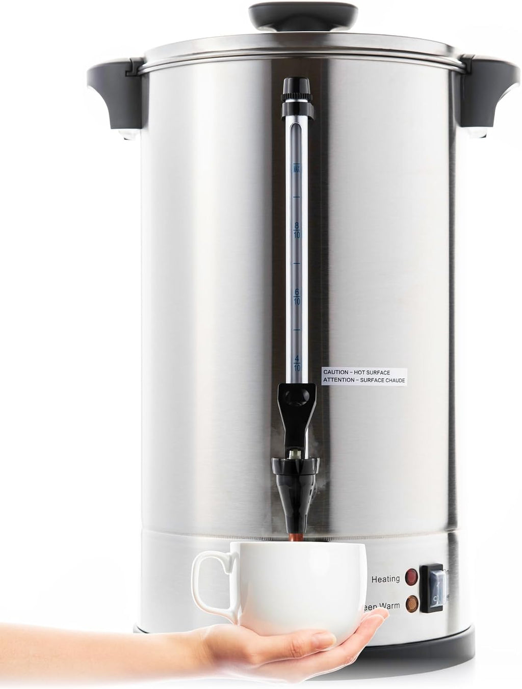SYBO SR-CP100B Commercial Coffee Urn & Hot Beverage Dispenser, Fast Brew, Keeps Warm – Ideal for Coffee, Tea, Water at Events & Catering, 100-Cup 16 L,Metallic
