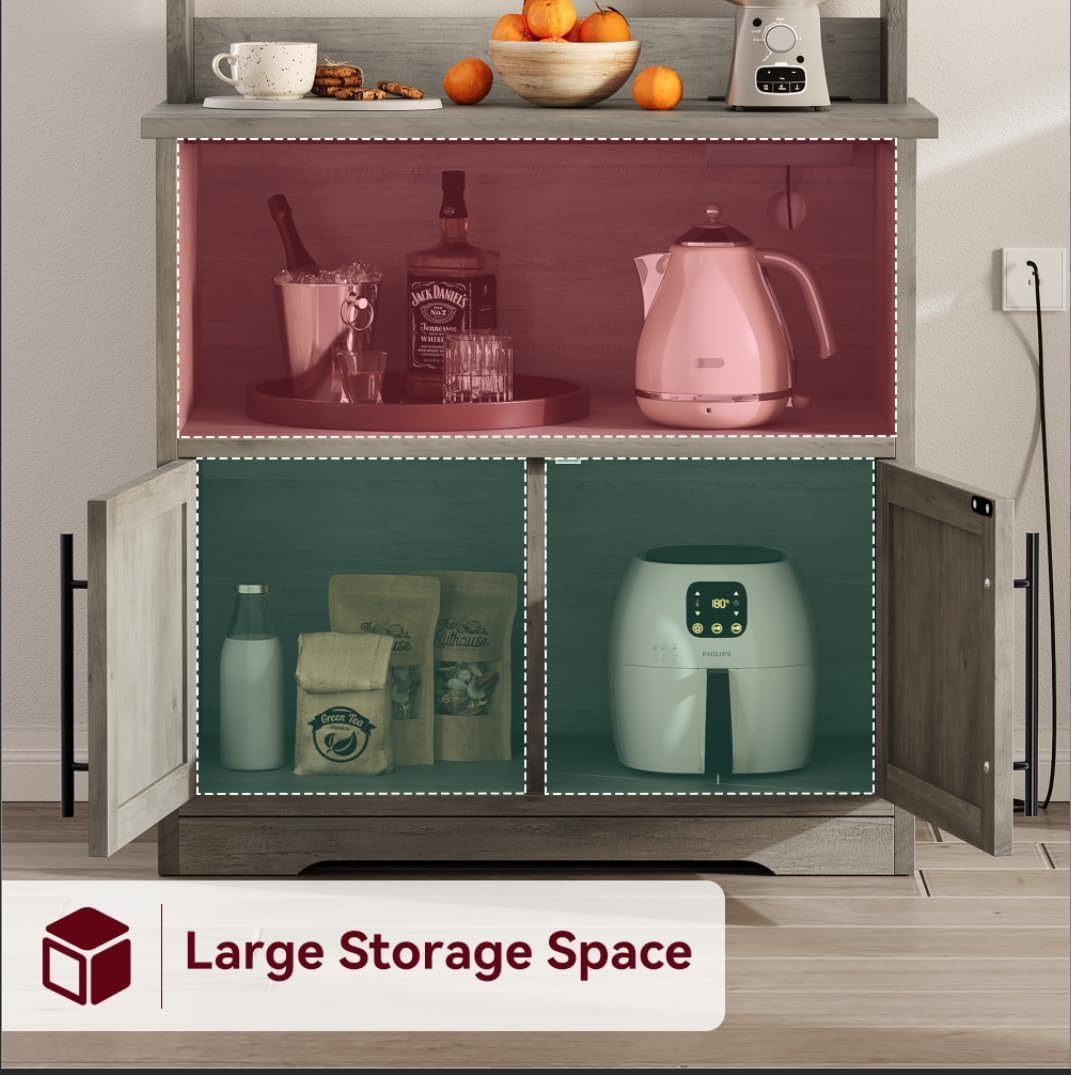 GAOMON Farmhouse Bakers Rack with Storage Cabinet and Charging Station, Kitchen Hutch with Thickened Tabletop, Power Outlets & USB Ports, Pantry Organizer Shelf for Kitchen and Dining Room, Gray