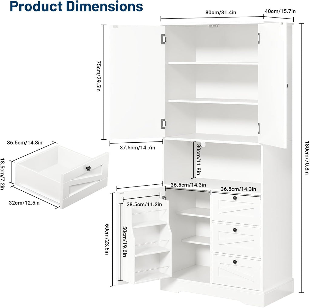 Farmhouse 71 Inch Kitchen Pantry Cabinet, Storage Cabinet with 3 Door Shelves and 3 Drawer, Versatile Storage for Kitchen, Dining Room, Living Room, White Wood Grain