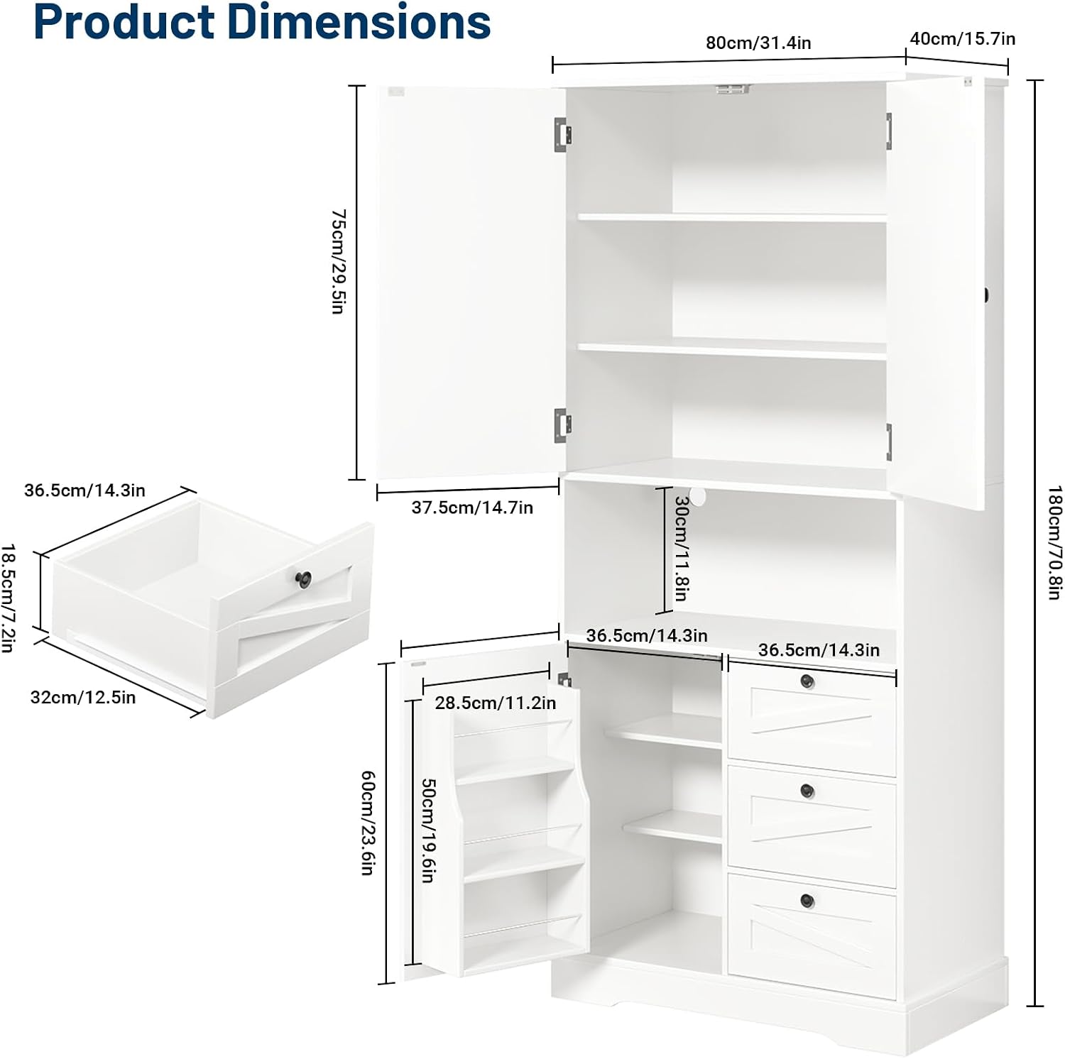 Farmhouse 71 Inch Kitchen Pantry Cabinet, Storage Cabinet with 3 Door Shelves and 3 Drawer, Versatile Storage for Kitchen, Dining Room, Living Room, White Wood Grain