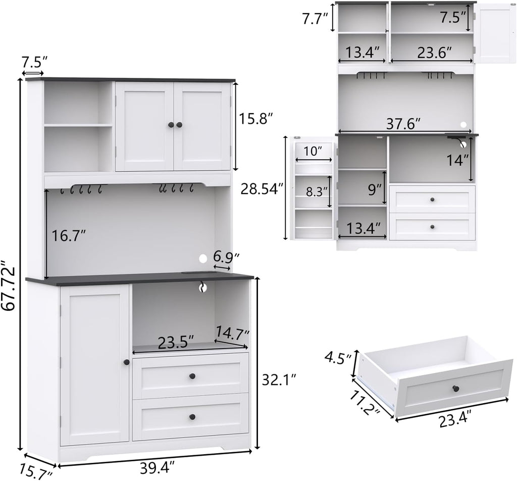68'Tall Kitchen Pantry Storage Cabinet with Charging Station, Upgrade Pantry Cabinet with Doors & Shelves and Wine Glass Holder,Kitchen Hutch Cabinet with Microwave Stand for Kitchen (White+Black)