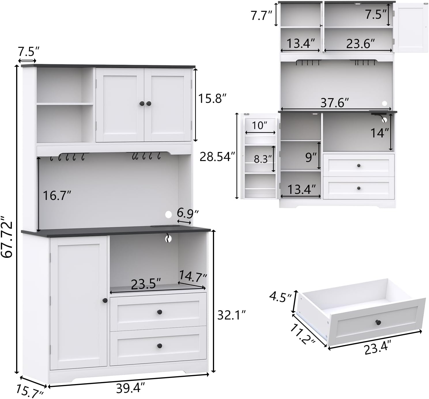 68'Tall Kitchen Pantry Storage Cabinet with Charging Station, Upgrade Pantry Cabinet with Doors & Shelves and Wine Glass Holder,Kitchen Hutch Cabinet with Microwave Stand for Kitchen (White+Black)