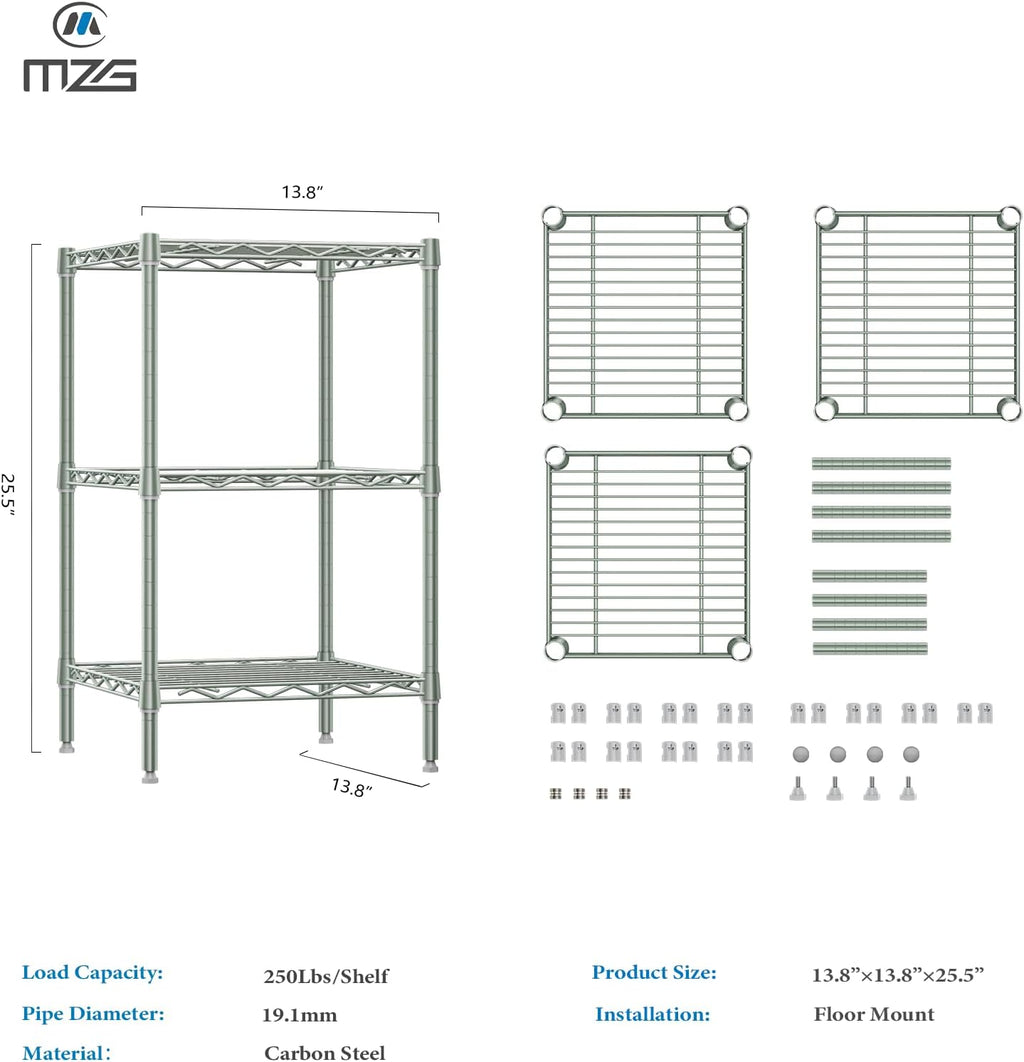 M MZG 750 lbs 3-Shelf Storage Shelves Wire Shelving Unit Standing Metal Rack for Small Places Narrow Wire Rack for Bathroom, Green 13.8 D x 13.8' W x 25.5' H