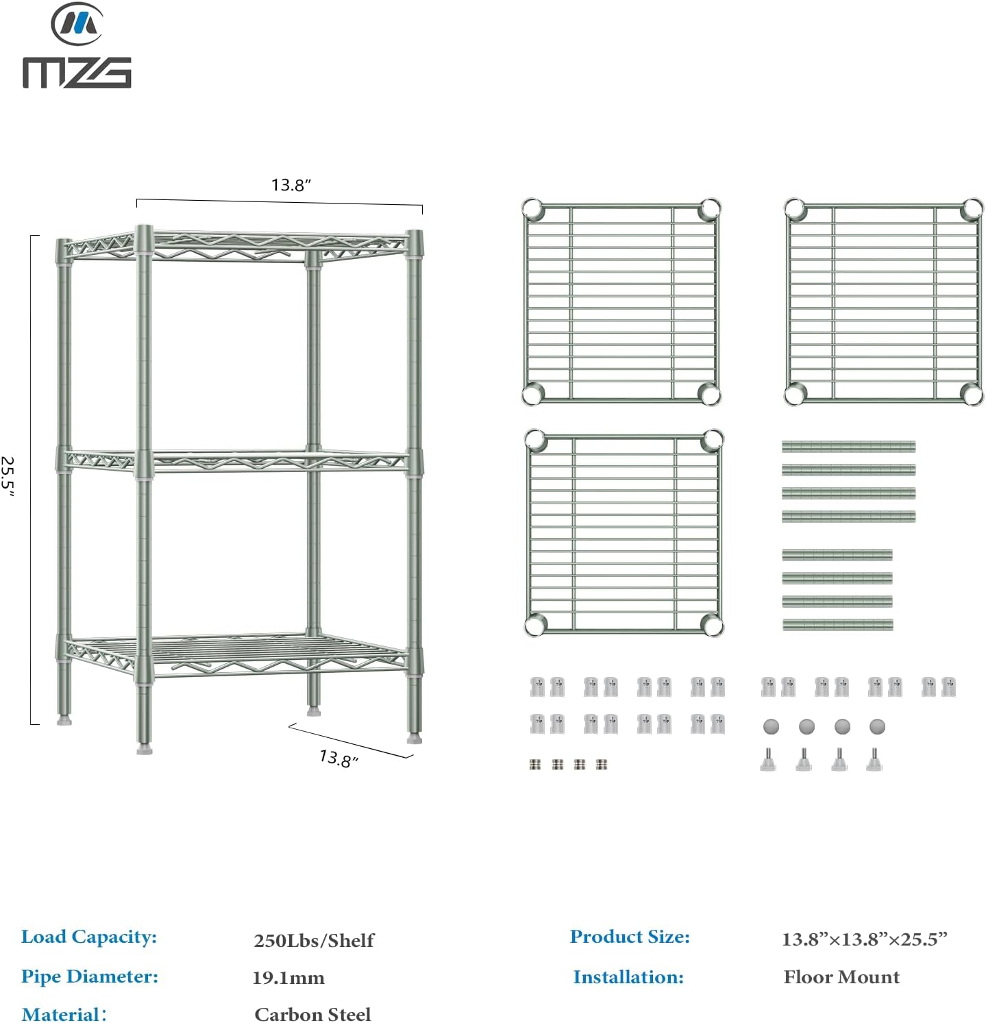 M MZG 750 lbs 3-Shelf Storage Shelves Wire Shelving Unit Standing Metal Rack for Small Places Narrow Wire Rack for Bathroom, Green 13.8 D x 13.8' W x 25.5' H