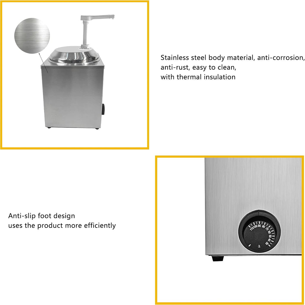 650W Electric Hot Fudge Warmer,Cheese Dispenser with Pump,2.3L Cheese Sauce Warmer Pump Dispenser,Stainless Steel Cheese Pump Dispenser for Fudge Cheese Caramel (A)