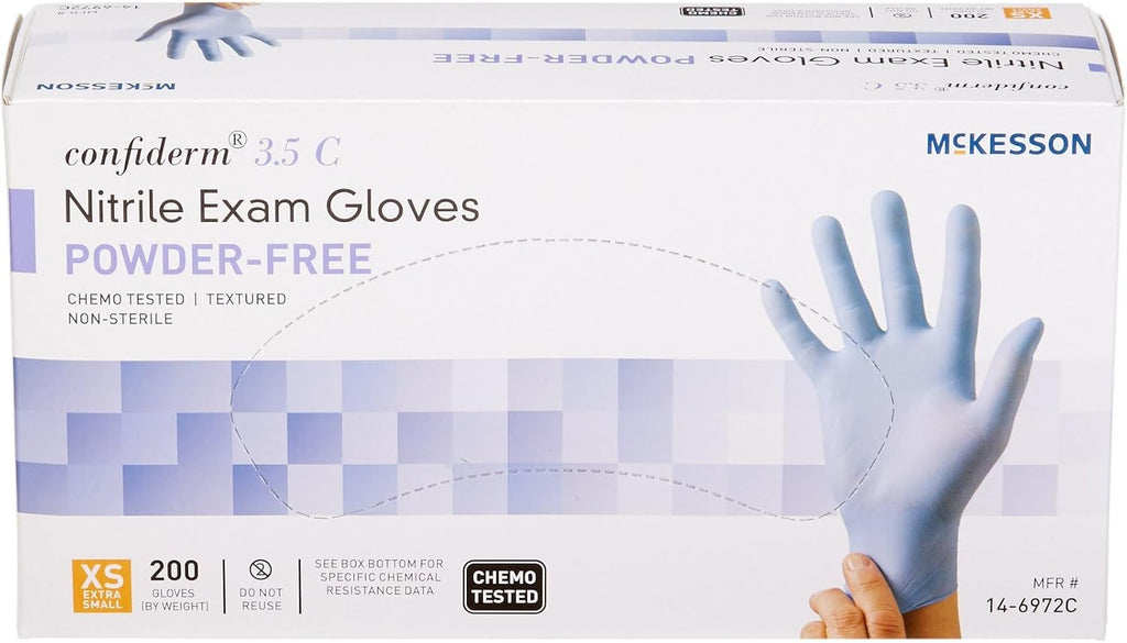 McKesson Confiderm 3.5C Nitrile Exam Gloves - Powder-Free, Latex-Free, Ambidextrous, Textured Fingertips, Chemo Tested, Non-Sterile - Blue, Size XS, 200 Count, 10 Boxes, 2000 Total
