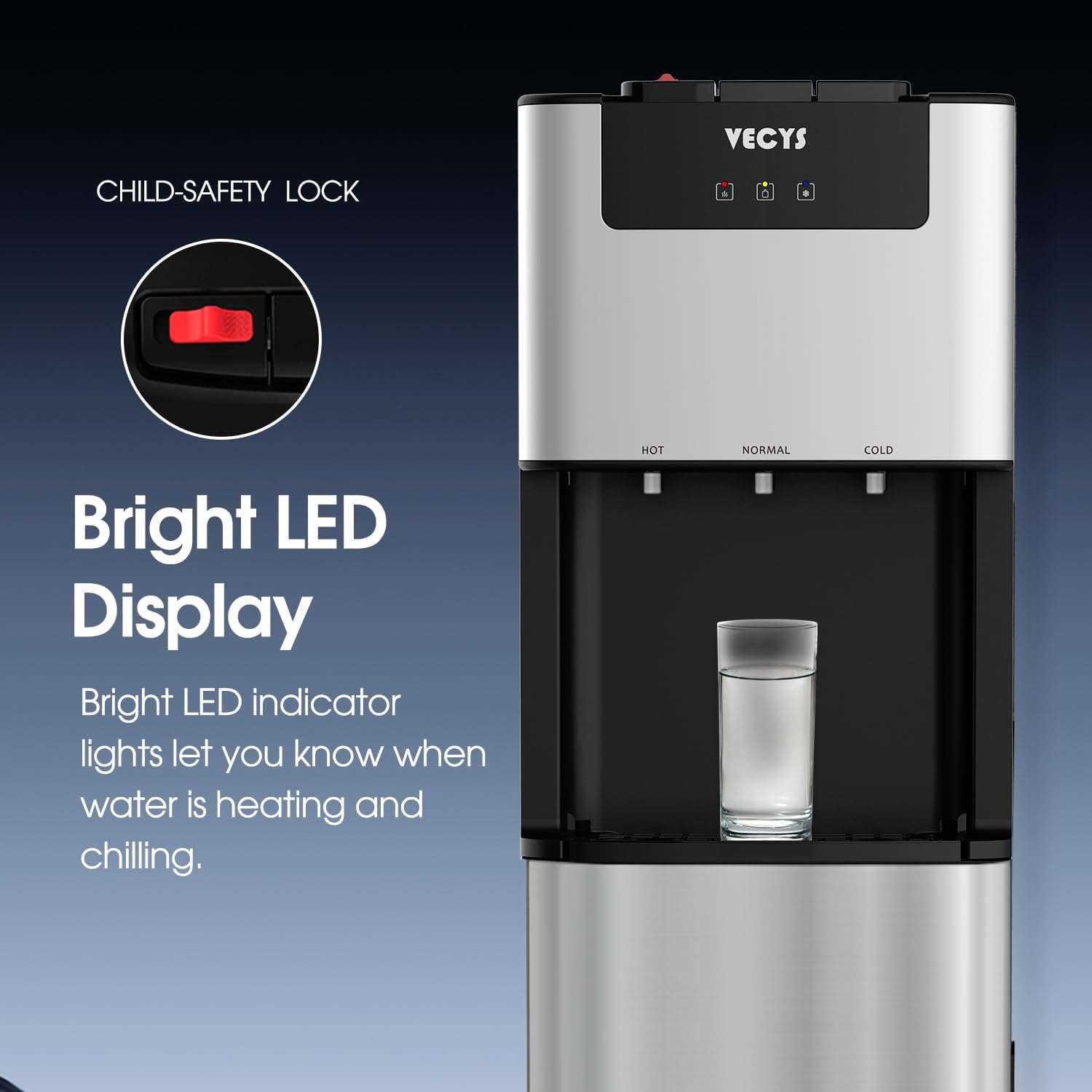 VECYS Self-Cleaning Bottom Loading Water Dispenser with Pitcher, 3-5 Gallon Water Cooler, 304 Stainless Steel Reservoirs & Intake Tube, Hot Cold Room Temperature, Child Safety Lock, UL/ETL Certified
