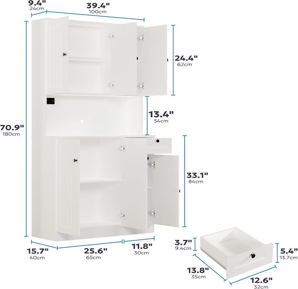 Furnify 71' H Pantry Cabinet with Charging Station, Tall Kitchen Pantry Storage Cabinet with Microwave Stand, Farmhouse Kitchen Hutch with Storage Drawer for Living Room, Dining Room, White