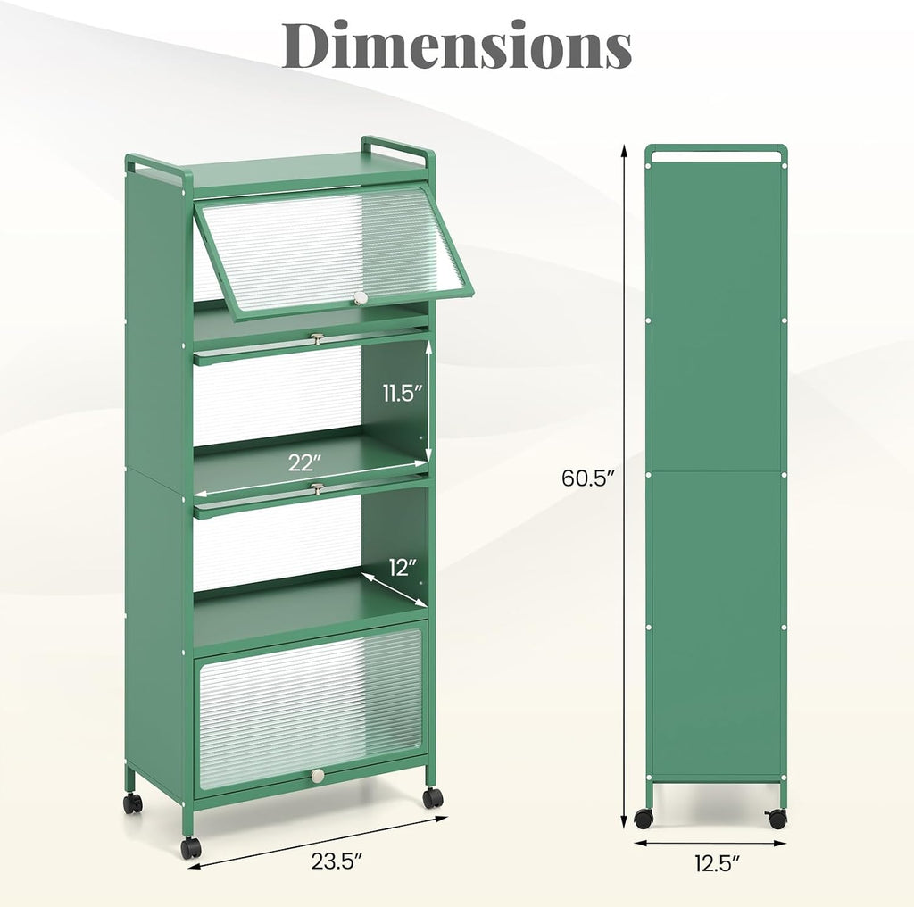 SIMOE Green 5-Tier Kitchen Storage Cabinet, Mobile Microwave Stand with Flip-Up PC Doors, Freestanding Baker's Rack w/ 4 Rolling Casters for Dining Room, Living Room and Study