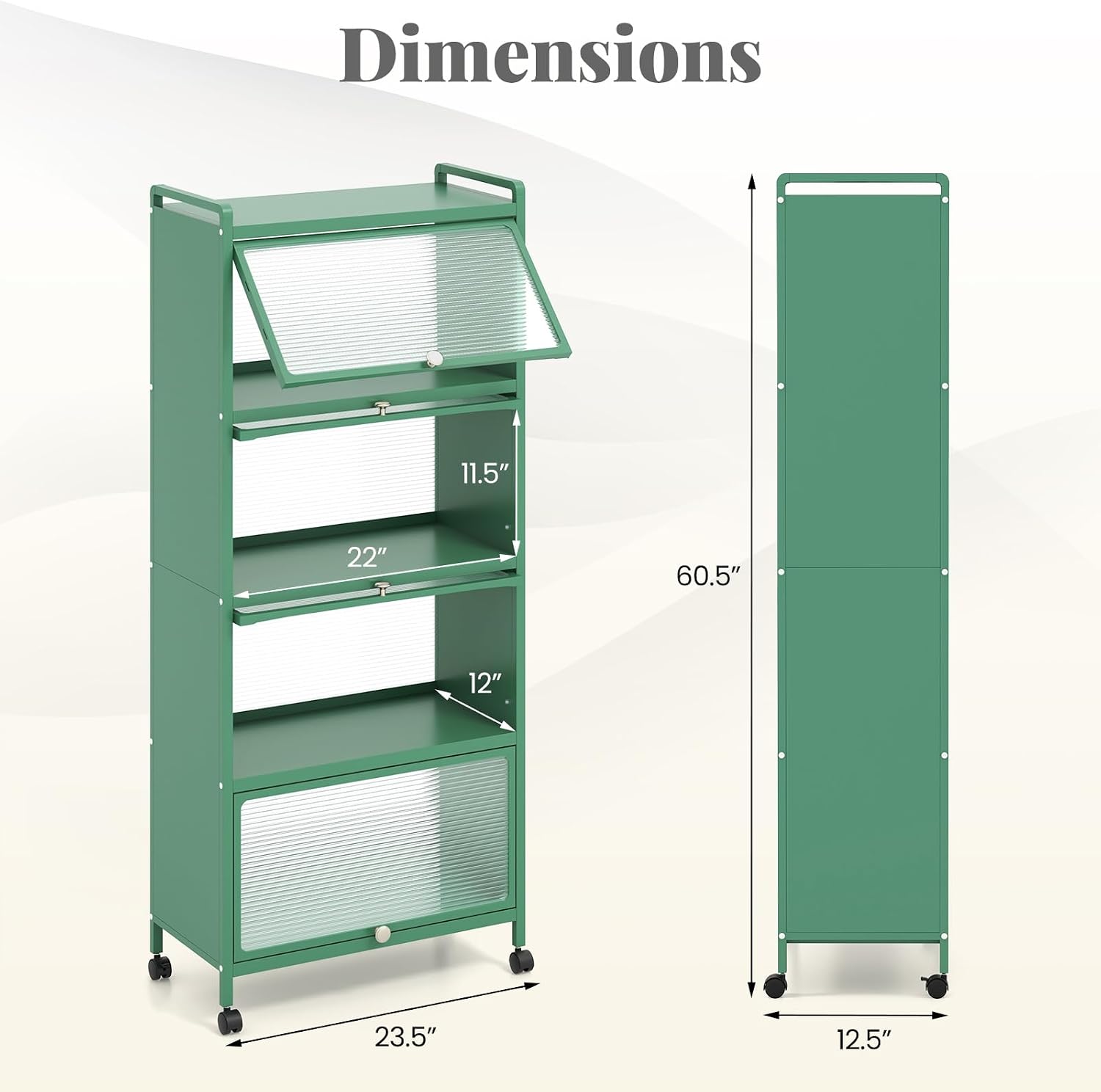 SIMOE Green 5-Tier Kitchen Storage Cabinet, Mobile Microwave Stand with Flip-Up PC Doors, Freestanding Baker's Rack w/ 4 Rolling Casters for Dining Room, Living Room and Study