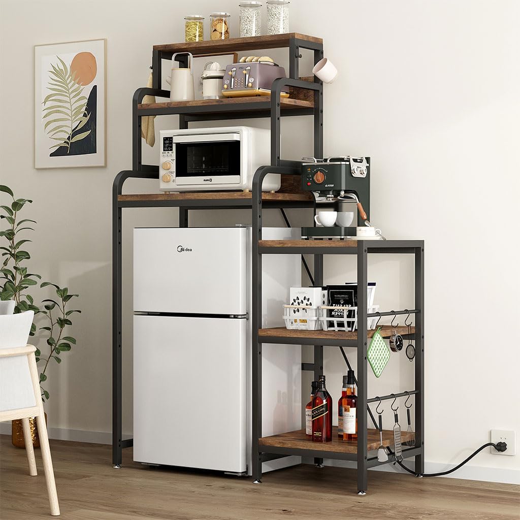 7-Tier Mini Fridge Stand with Power Outlets, Coffee Bar Cabinet with Fridge Space, Microwave Stand and Storage Shelves, Vintage Brown Metal Frame Kitchen Baker's Rack for Home, Dorm & Office
