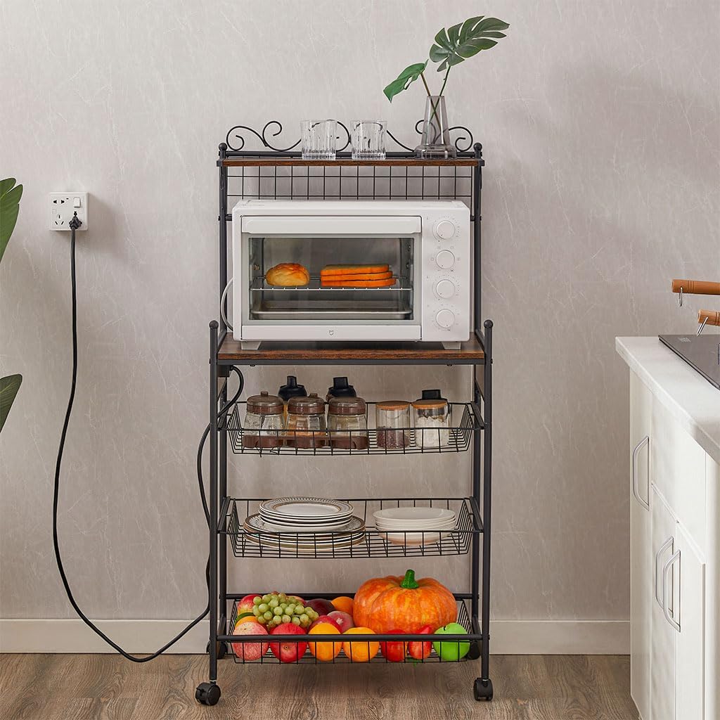 Large Bakers Rack Microwave Stand with Power Outlets & Oven shelf Wire Basket, Kitchen Storage Shelf with Wheels and Removable Micorwave Coffee Bar for Living Room, Spice, Pots and Pans Organiz