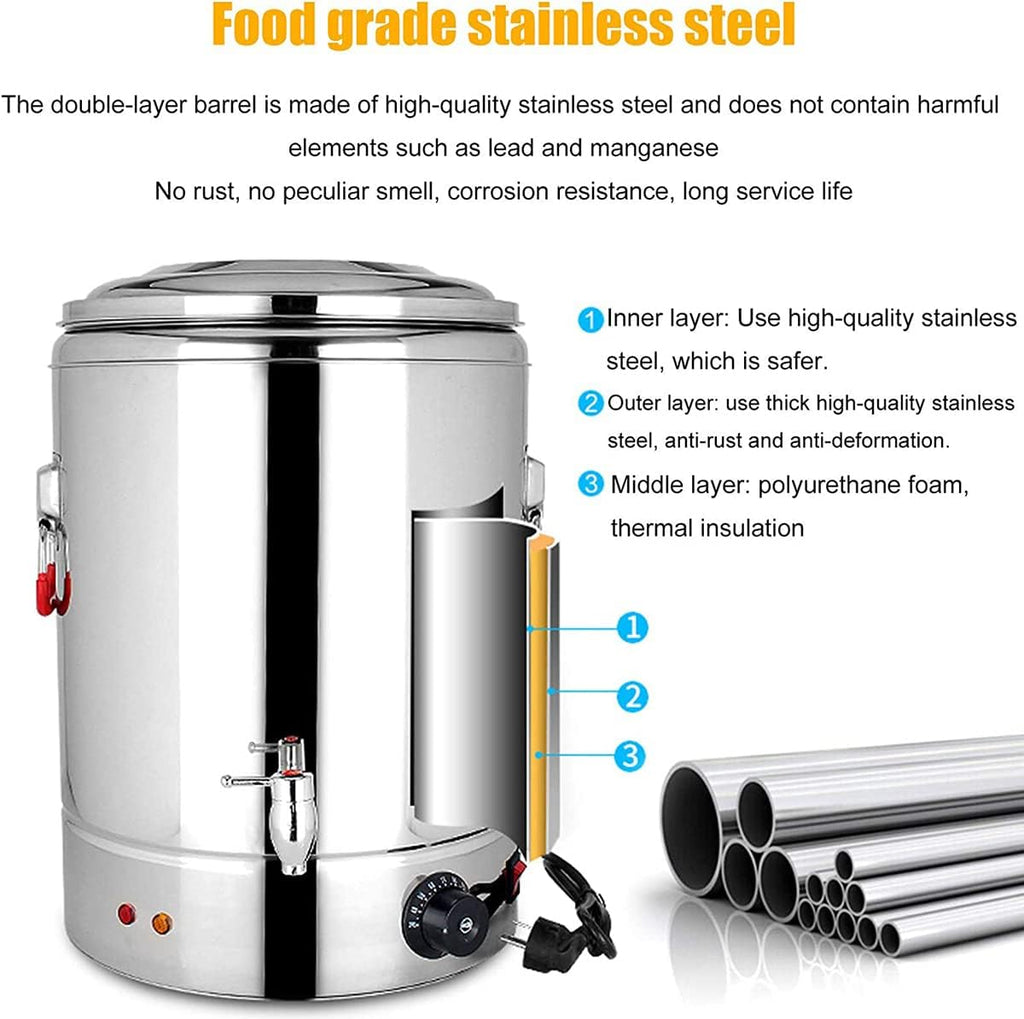 Stainless Steel Catering Urn Dispenser, Commercial Electric Hot Water Boiler, Water Dispenser, for Hotels, Buffets And Catered Events/Transparent,49L