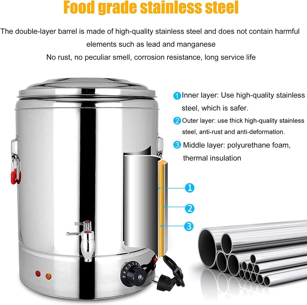 Stainless Steel Catering Urn Dispenser, Commercial Electric Hot Water Boiler, Water Dispenser, for Hotels, Buffets And Catered Events/Transparent,49L