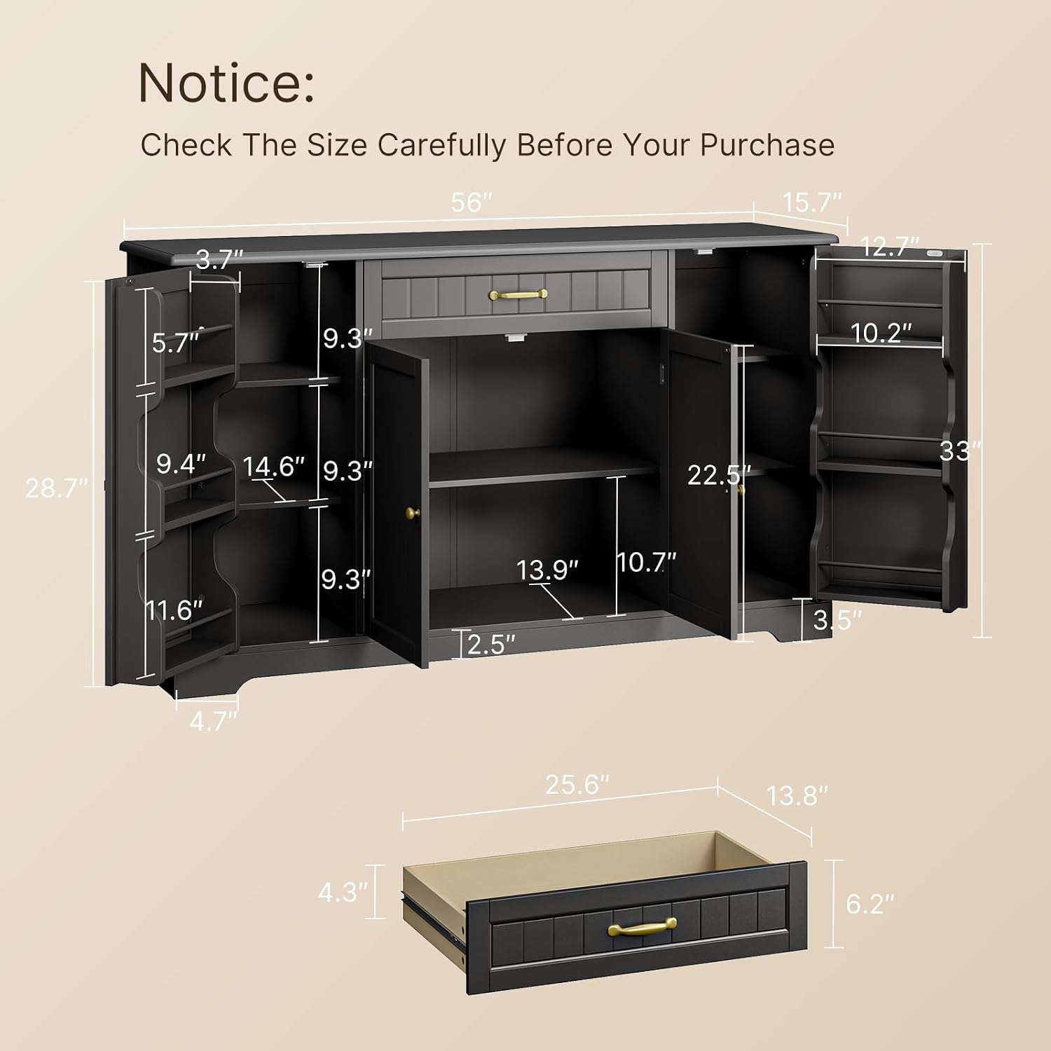 Gizoon 56' Kitchen Coffee Bar Cabinet with Storage Kitchen Sideboard Buffet Cabinet with Drawers, Short Pantry with Door and Shelves for Bathroom and Living Room, Black