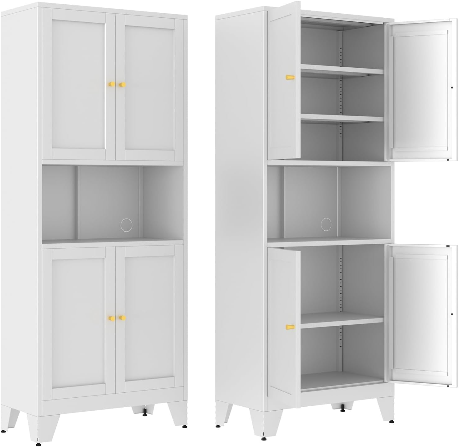 68.9'' White Metal Kitchen Pantry Cabinet with Doors and Adjustable Shelves, Hutch Cabinet with Microwave Storage, Kitchen Cabinet Storage for Living Room, Bathroom, Home