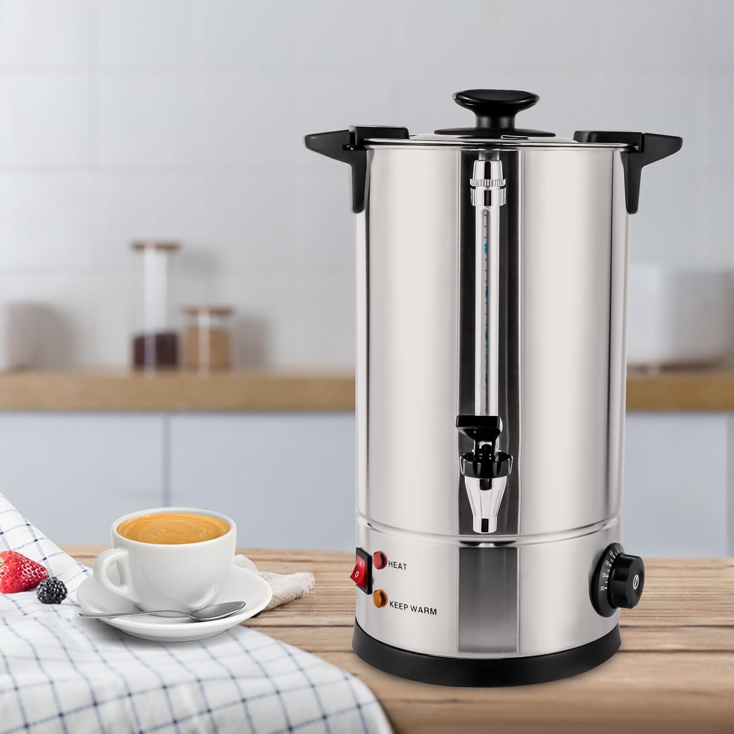 Stainless Steel Electric Coffee Urn, Commercial Coffee Maker and Hot Water Dispenser for Home, Cafes, Buffets, Offices, Hotels, Adjustable 30-110°C
