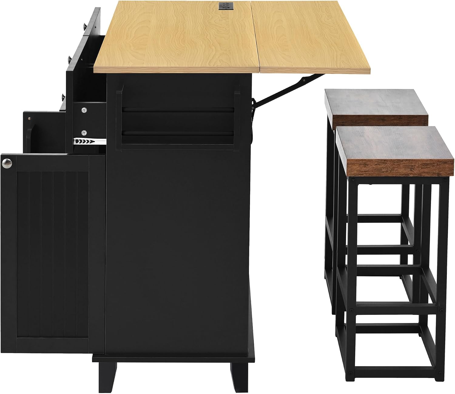 Farmhouse Kitchen Island with Drop Leaf and 2 Seatings, Kitchen Table Set with Storage Cabinet, Drawers, Door Shelves and Power Outlet Black+Rustic Brown