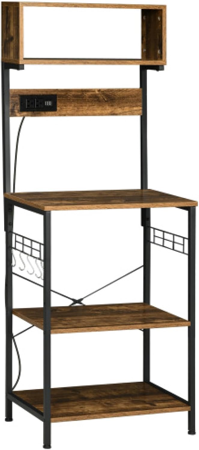 Kitchen Bakers Rack with Power Outlet USB Charger 5 Hooks Microwave Stand Adjustable Coffee Bar for Spices Pots and Pans