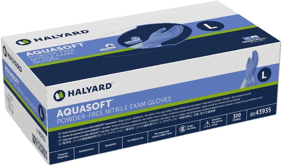 Halyard Aquasoft Blue Nitrile Exam Gloves, Large 43935