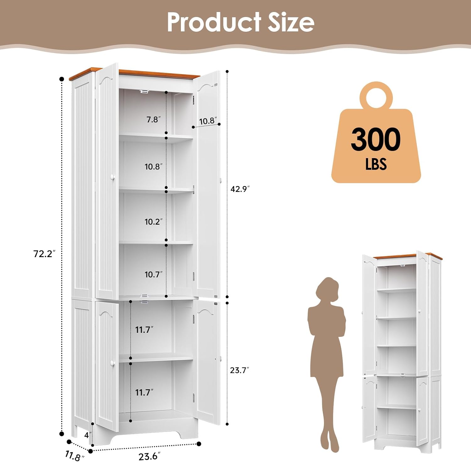 Wood Storage Cabinet- 72.2'' Pantry Cabinets for Kitchen Storage, 4 Door Freestanding Cupboard, Tall Narrow Storage Cabinets for Bathroom, Dining Room, Living Room, Laundry, Garage, Entryway,White