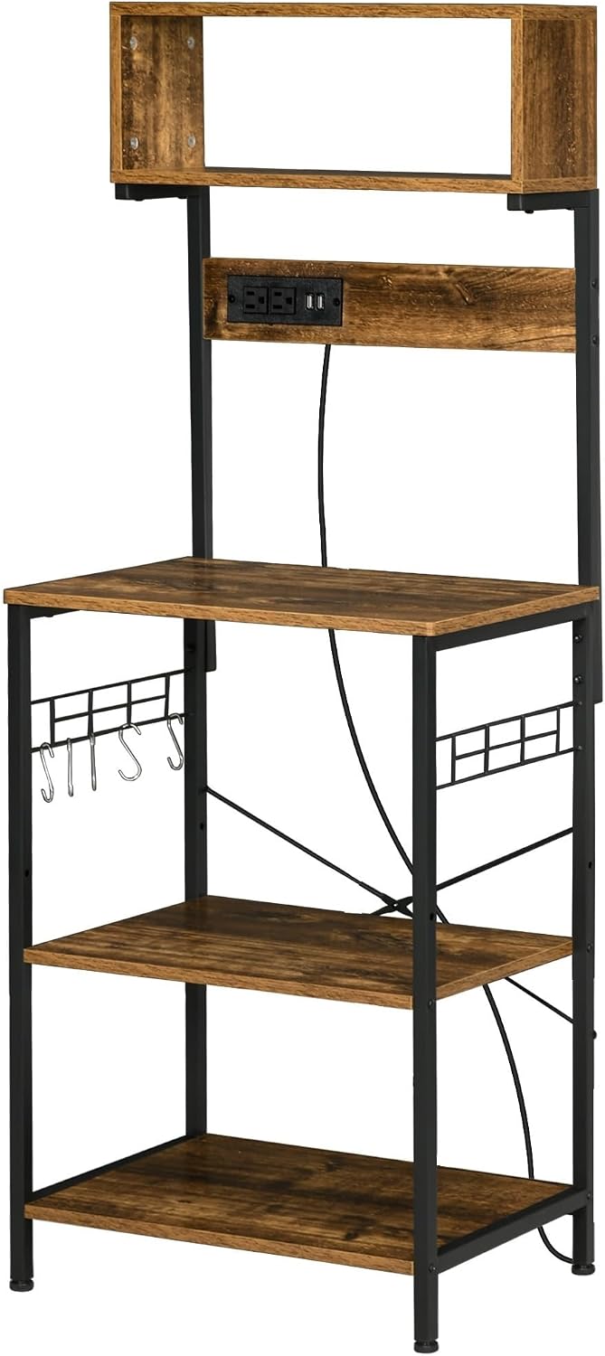 Kitchen Bakers Rack with Power Outlet, USB Charger, Microwave Stand, with Adjustable Shelves, 5 Hooks for Spices, Pots and Pans, Rustic Brown,for use in Restaurants