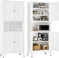 YAUWOH 69' Tall Metal Kitchen Pantry Cabinet with Microwave Shelf, 4 Doors & 3 Adjustable Shelves, Heavy Duty Food Storage Cabinet with Anti-Tip Design for Kitchen,Dining Room (1PC,White)
