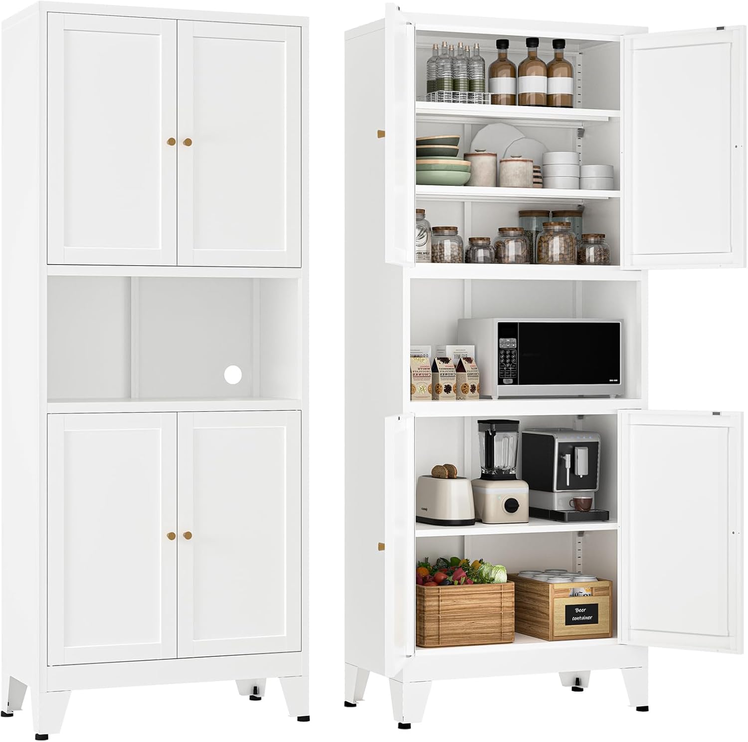 YAUWOH 69' Tall Metal Kitchen Pantry Cabinet with Microwave Shelf, 4 Doors & 3 Adjustable Shelves, Heavy Duty Food Storage Cabinet with Anti-Tip Design for Kitchen,Dining Room (1PC,White)