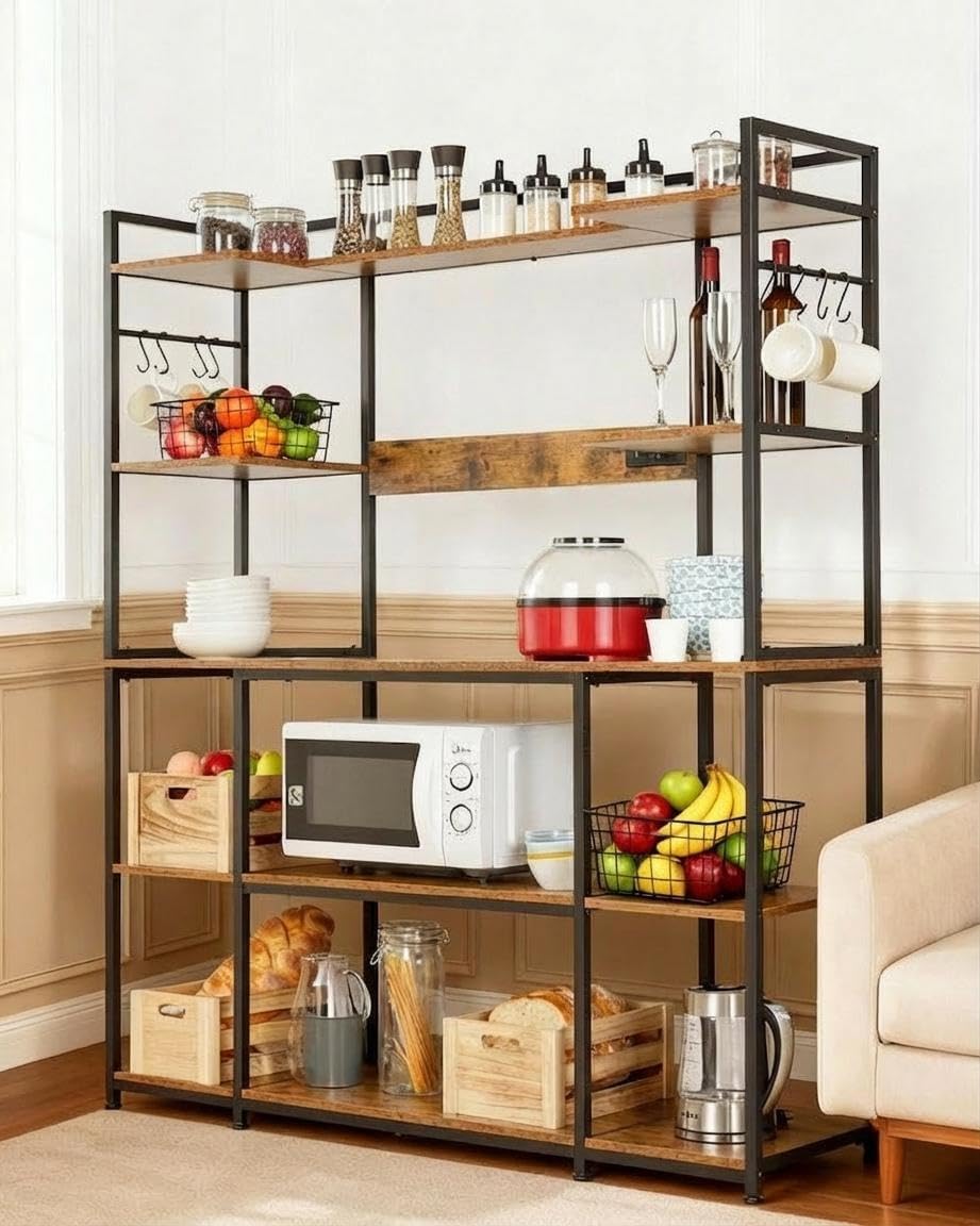 Large Kitchen Bakers Rack with Power Outlet, 55'X66' Coffee Bar Cabinet, 4-Tier Storage Shelf, s-Hooks, Microwave Stand with Shelves for Spices, Pots, Appliances