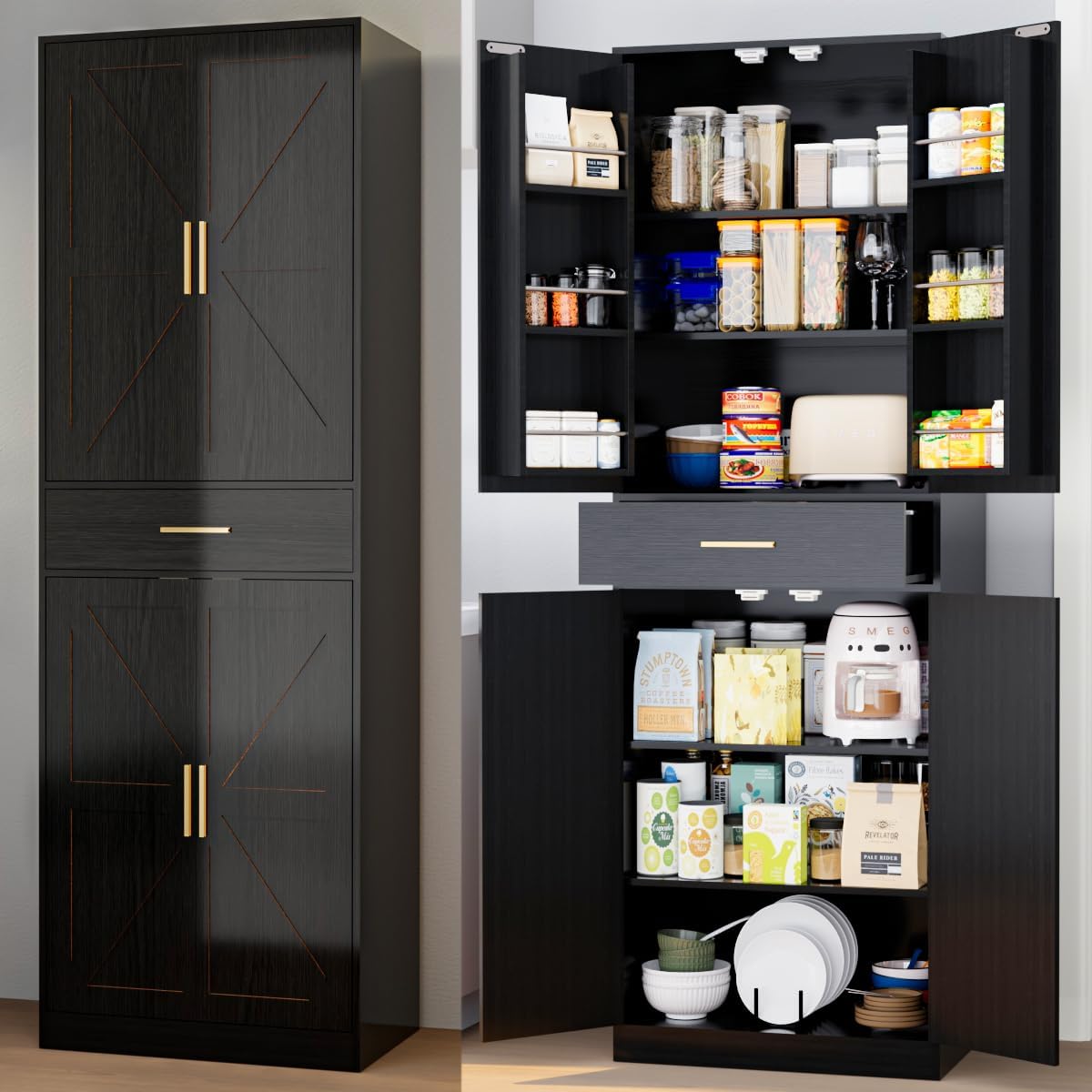 71' Tall Kitchen Pantry Storage Cabinet with 4 Doors & Drawer, Adjustable Shelves, Farmhouse Cupboard, Freestanding Cabinet with Door Shelves for Dining Room/Living Space, Black