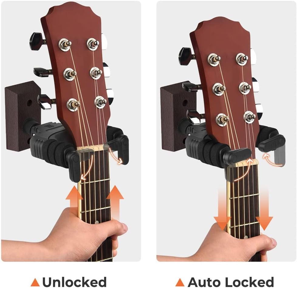 Guitar Wall Mount Hanger Hard Wood Base Guitar Hook Auto Locking Guitar Wall Hanger Mount Stand Mount Stand Rack(E)