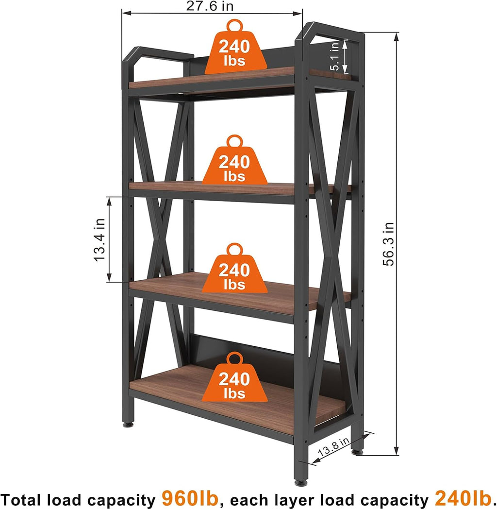 56.3' Baker's Rack for Kitchen, 4-Tier Metal Wood Shelf, Heavy Duty Adjustable Shelving Unit, Freestanding Organizer for Garage Pantry Bathroom Closet, Black Brown