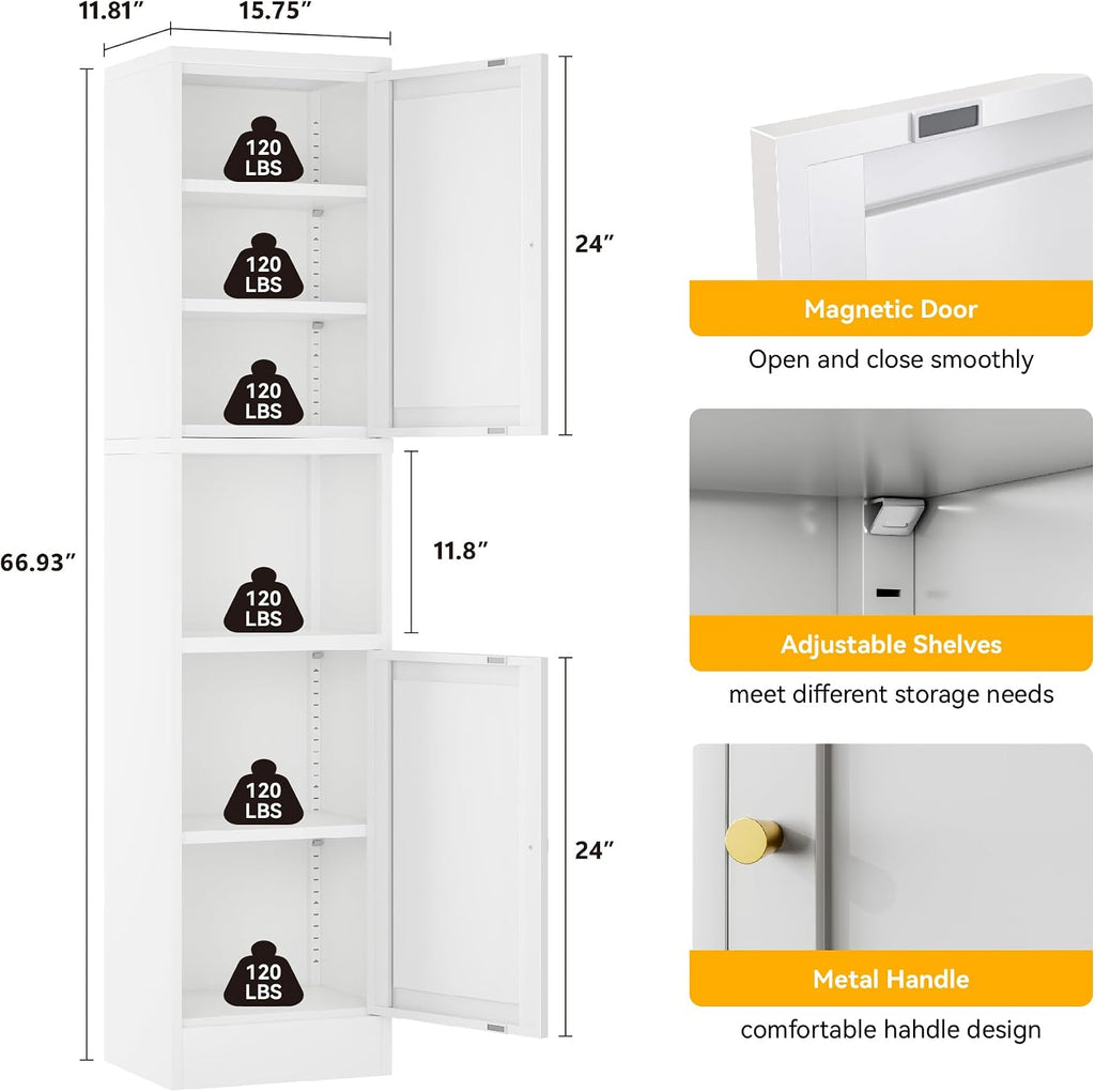 YAUWOH 2-Door Metal Storage Cabinet, Tall Slim Pantry Organizer with 3 Adjustable Shelves (120LBS/Shelf), Anti-Tipping Waterproof Cabinet for Bathroom/Kitchen/Home Office/Small Spaces, (1PC,White)
