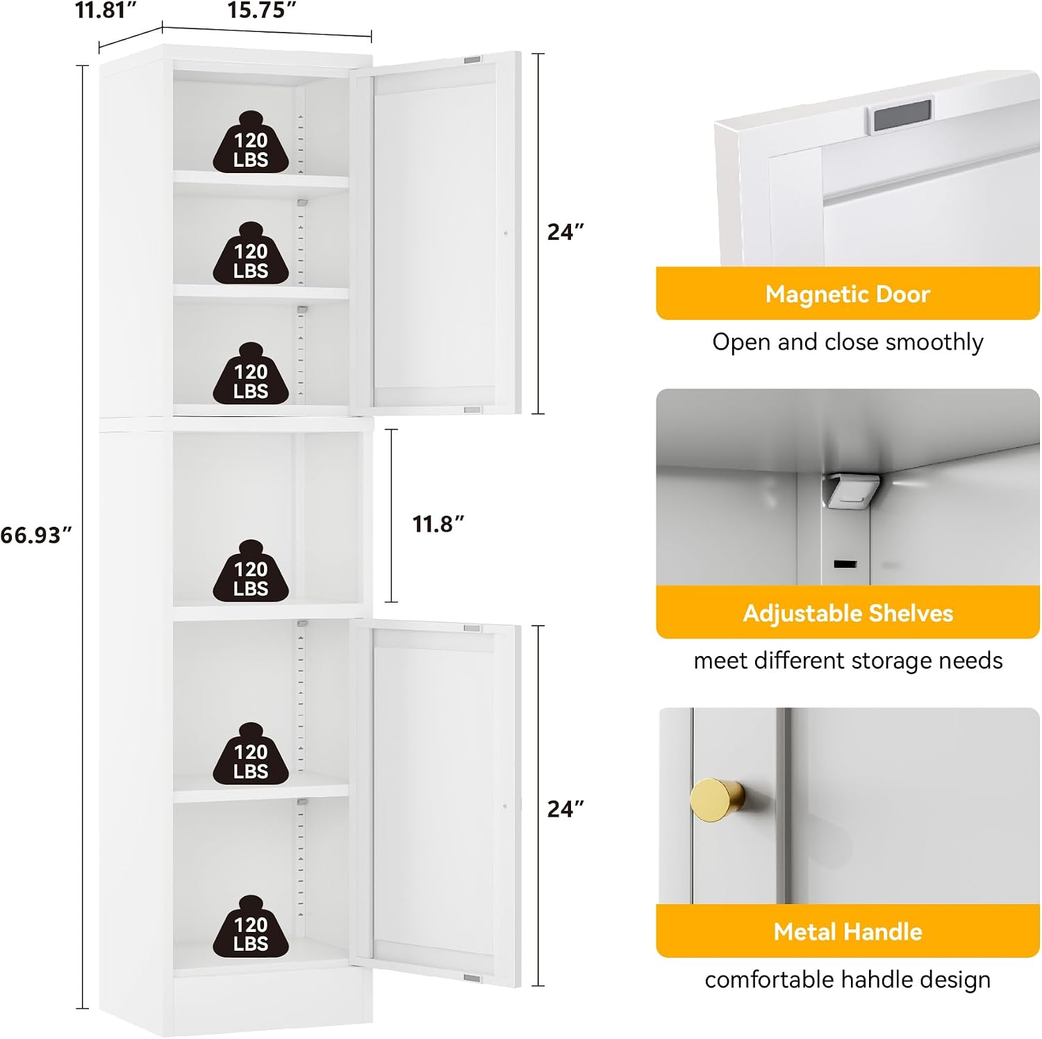 YAUWOH 2-Door Metal Storage Cabinet, Tall Slim Pantry Organizer with 3 Adjustable Shelves (120LBS/Shelf), Anti-Tipping Waterproof Cabinet for Bathroom/Kitchen/Home Office/Small Spaces, (1PC,White)