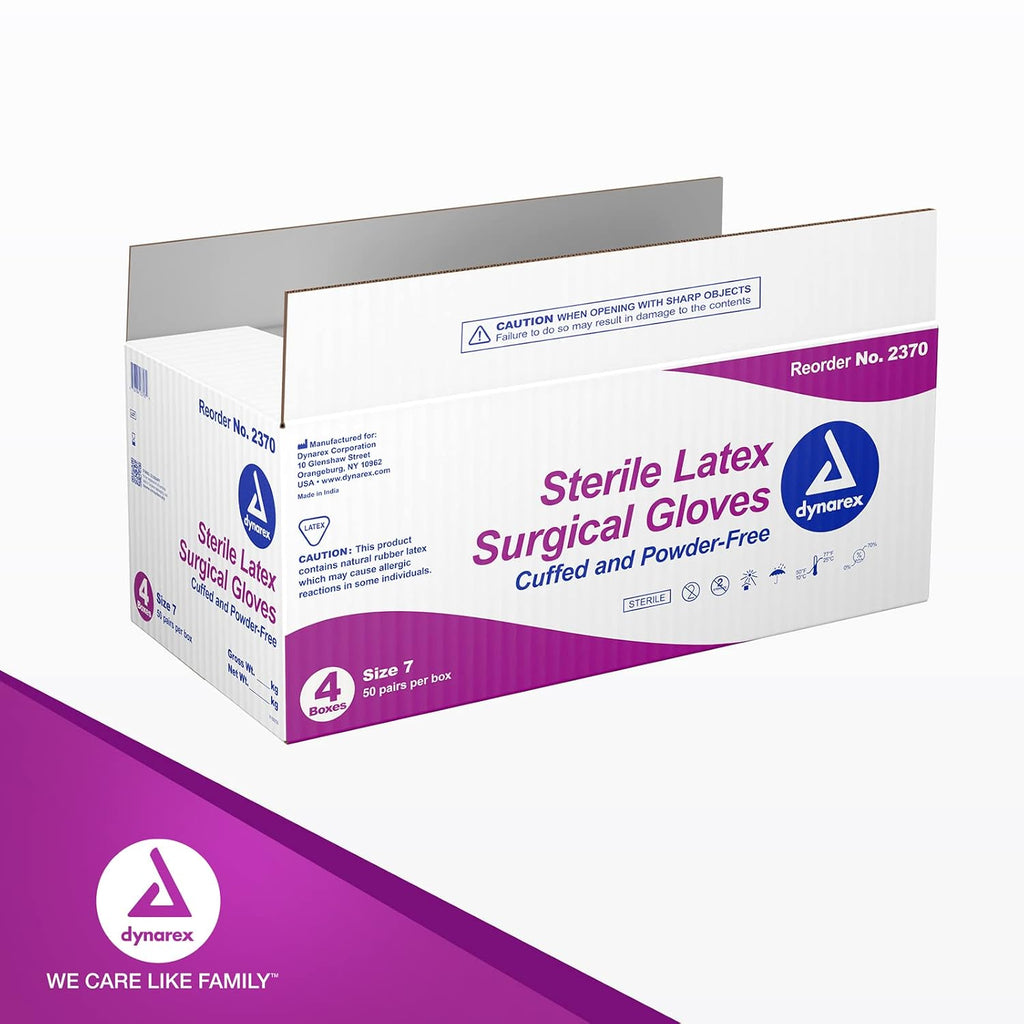 Dynarex Sterile Disposable Latex Surgical Gloves, Powder-Free, Packaged in Pairs, Medical and Healthcare Use, Veterinary Clinic, Bisque, Size 7.0, 1 Case of 200 Pairs of Gloves (Packaging May Vary)