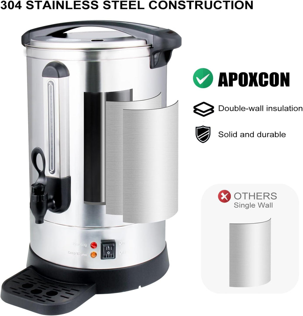 APOXCON Coffee Urn Commercial Grade Coffee Maker Double Wall Stainless Steel Large Hot Water Urn, 1500W Quick Brew Coffee Percolator Electric with Keep Warm Function, 100-Cup 14 L