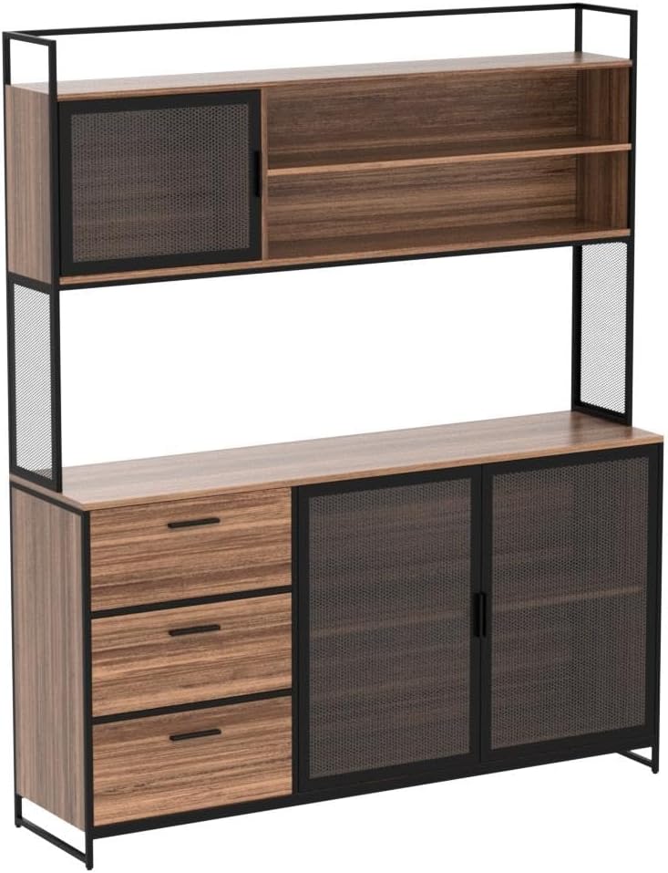 AGOTENI Large Kitchen Hutch Cabinet, Storage Cupboard Pantry with 3 Metal Doors, 3 Drawers & Microwave Shelf, for Kitchen Open Storage, Rustic Brown (59' W x 15.7' D x 68.5' H)