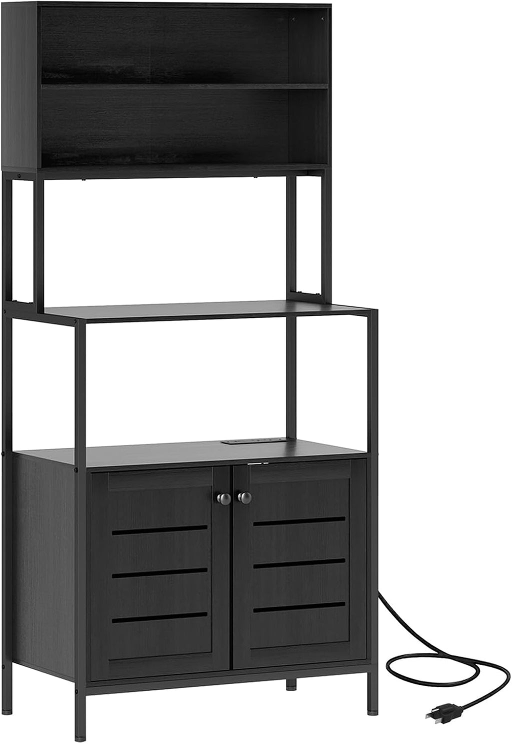 Kitchen Baker Rack with Power Socket, Kitchen Storage Rack with Power Cord and Storage Cabinets for Spices and Pots, Black