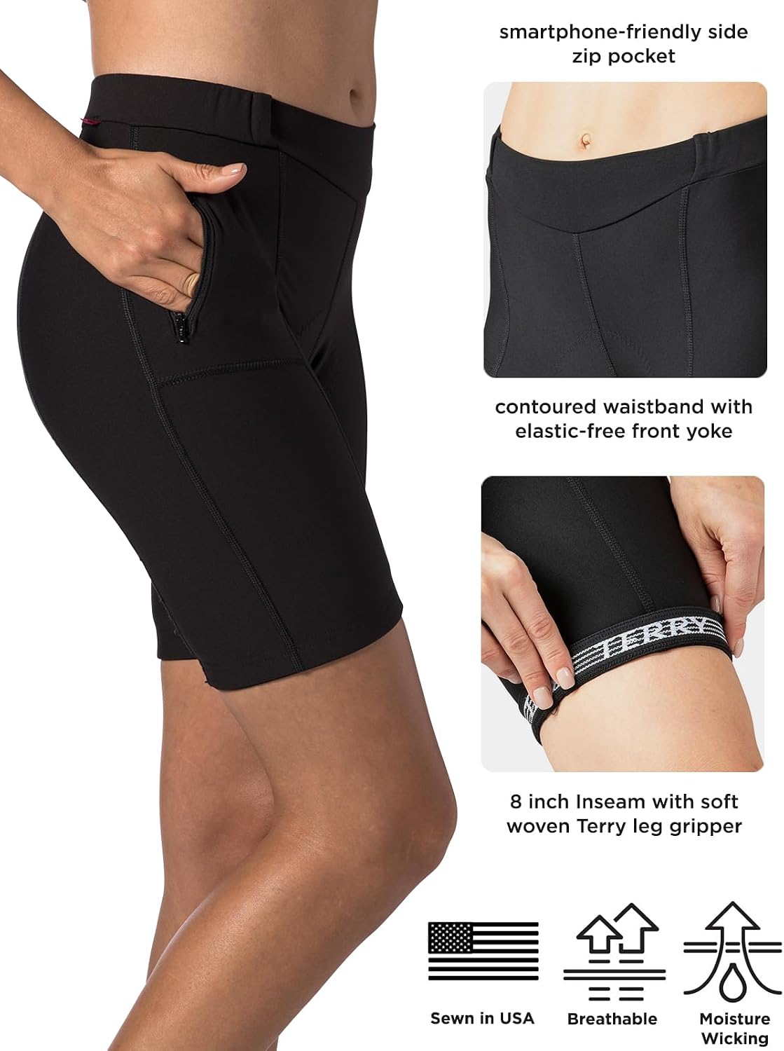 Terry Touring Bike Short Regular 8' Long Womens Padded Cycling Shorts for Women Compression Pockets Leg Grippers