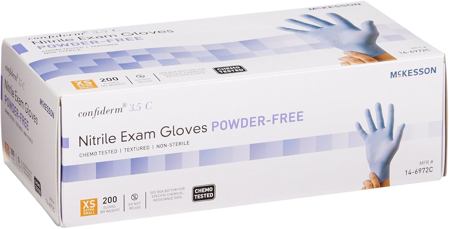 McKesson Confiderm 3.5C Nitrile Exam Gloves - Powder-Free, Latex-Free, Ambidextrous, Textured Fingertips, Chemo Tested, Non-Sterile - Blue, Size XS, 200 Count, 10 Boxes, 2000 Total