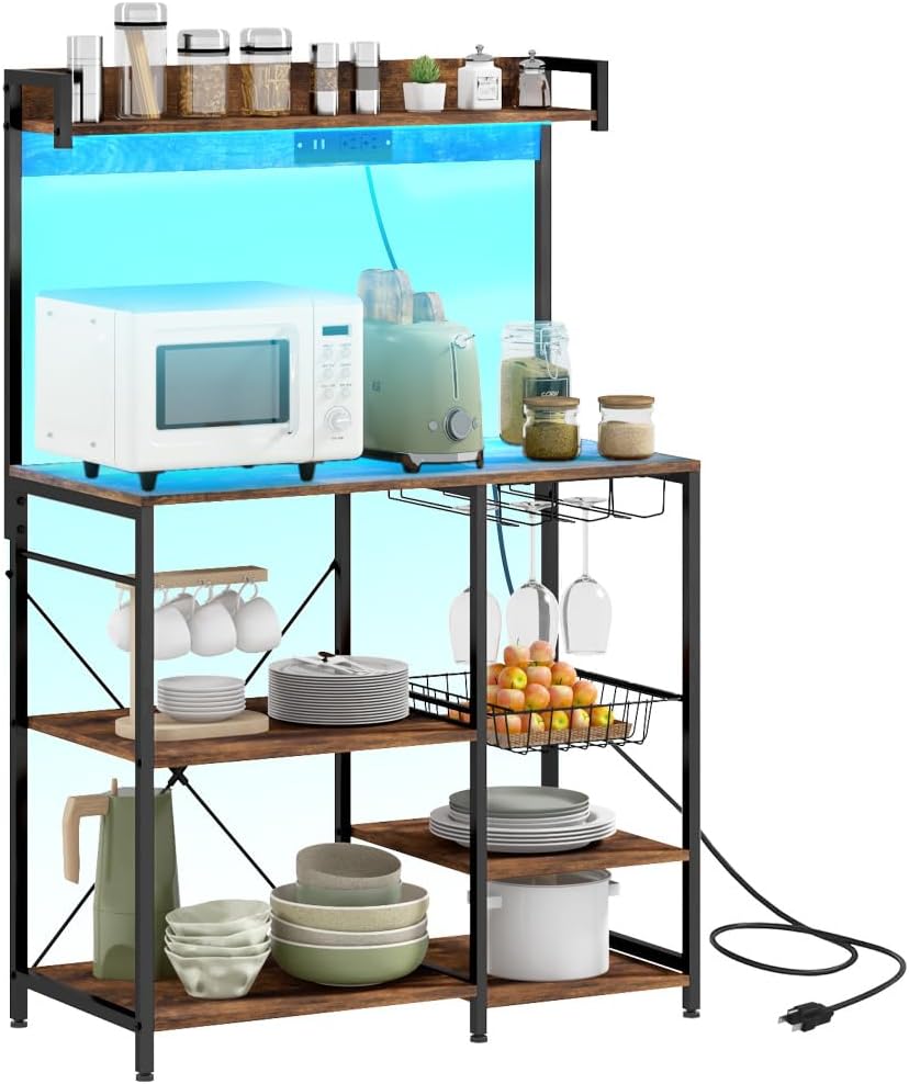 Baker's Rack with Power Outlet and LED Lights, Bakers Racks for Kitchens with Storage, Industrial Microwave Stand with Glass Holders, Metal Basket, Multiple Shelves, Rustic Brown