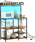 Baker's Rack with Power Outlet and LED Lights, Bakers Racks for Kitchens with Storage, Industrial Microwave Stand with Glass Holders, Metal Basket, Multiple Shelves, Rustic Brown