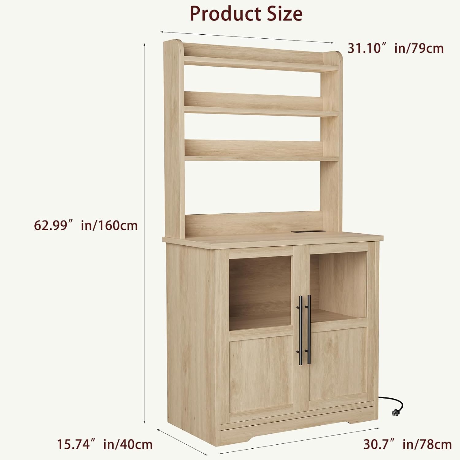 6-Tier Kitchen Bakers Rack with Power Outlet Microwave Stand Bakers Rack with Storage Cabinet Farmhouse Small Kitchen Pantry Hutch with Door Thickened Counter, Coffee Bar Storage Shelves, Oak