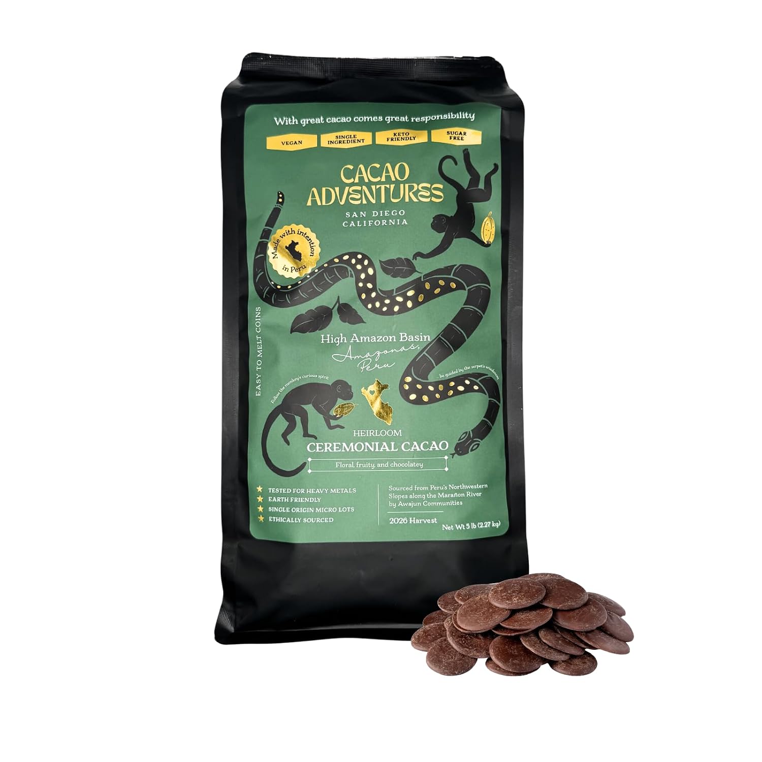 Cacao Adventures Ceremonial Cacao Coins, High-Amazon Basin Peru, 5 lb
