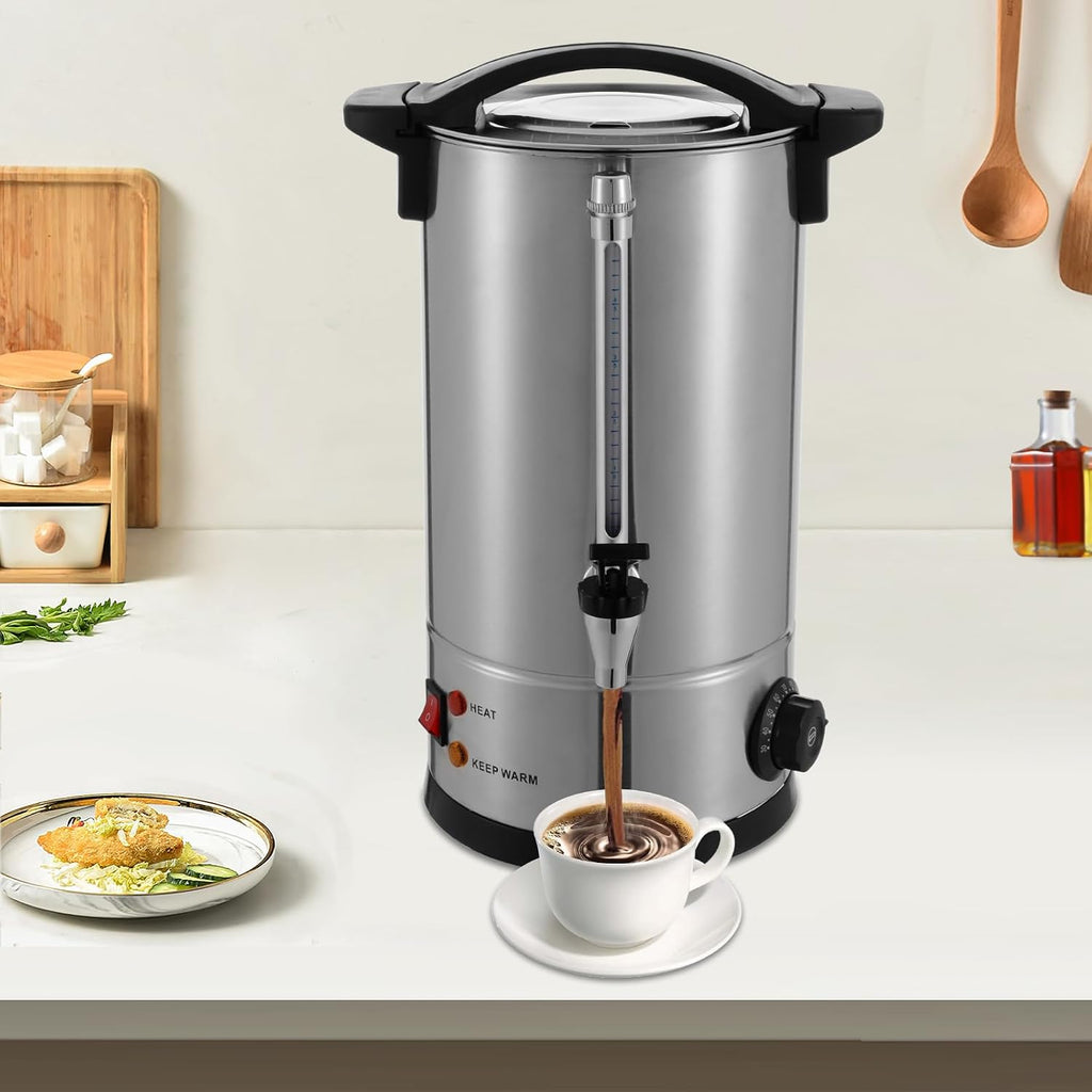 125-Cup Commercial Coffee Urn, 25L / 6.6Gal 304 Stainless Steel Electric Coffee Maker with Temperature Control (86-230°F), 950W Fast Brew Hot Water Dispenser for Catering, Parties & Office Use, Silver