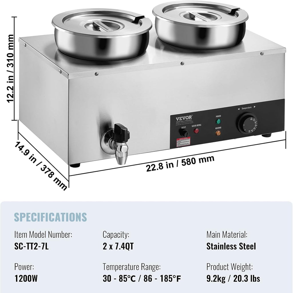 ETL Listed Electric Soup Warmer, Dual 7.4QT Stainless Steel Round Pot 86~185°F Adjustable Temp, 1200W Commercial Bain Marie with Anti-Dry Burn, Soup Station for Restaurant, Buffet, Silver